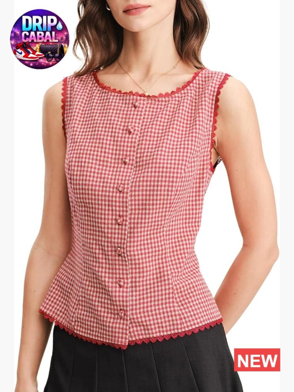 Plaid Button Tank Top Sleeveless Lace Trim Checkered Vest Blazer Waistcoat